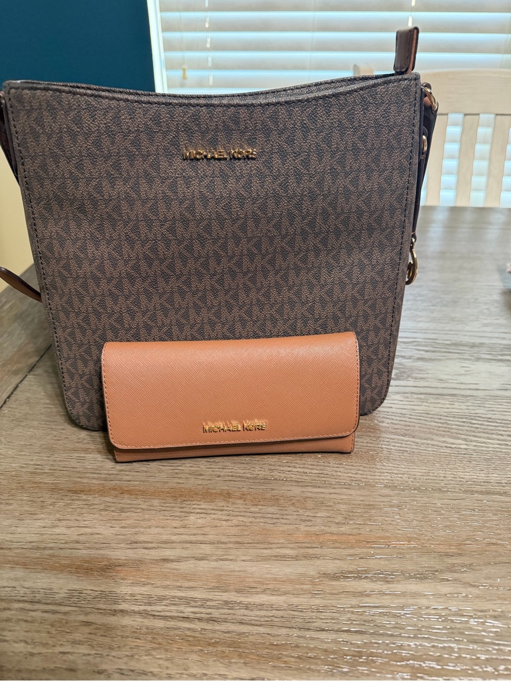 Michael Kors Brown Logo Crossbody with Tan Wallet Set